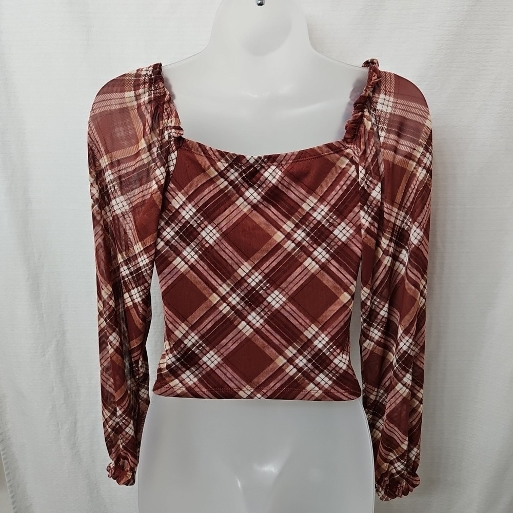 Womens Sz Small Almost Famous Y2k Plaid Blouse Micro Mesh Clueless Preppy - Picture 4 of 7